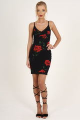 Black Rose Print Lace Trim Slip Dress - Martina-Dresses