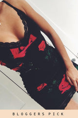 Black Rose Print Lace Trim Slip Dress - Martina-Dresses