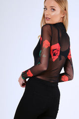 Black Rose Print Sheer Mesh Long Sleeve Bodysuit - Maddie-Bodysuits