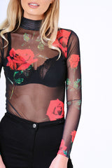 Black Rose Print Sheer Mesh Long Sleeve Bodysuit - Maddie-Bodysuits