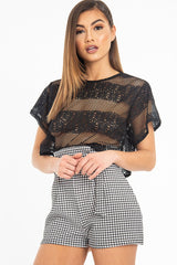 Black Round Neck Crochet Crop Top - Lucindy-Crop Tops
