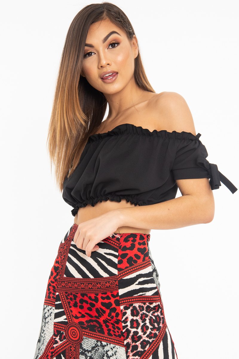 Black Ruched Bardot Gypsy Crop Top - Janette-Crop Tops