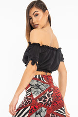 Black Ruched Bardot Gypsy Crop Top - Janette-Crop Tops