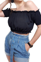 Black Ruched Bardot Gypsy Crop Top - Janette-Crop Tops