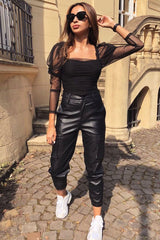 Black Ruched Body Mesh Sleeve Bodysuit - Amylee-Bodysuits