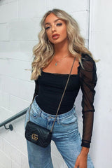 Black Ruched Body Mesh Sleeve Bodysuit - Amylee-Bodysuits