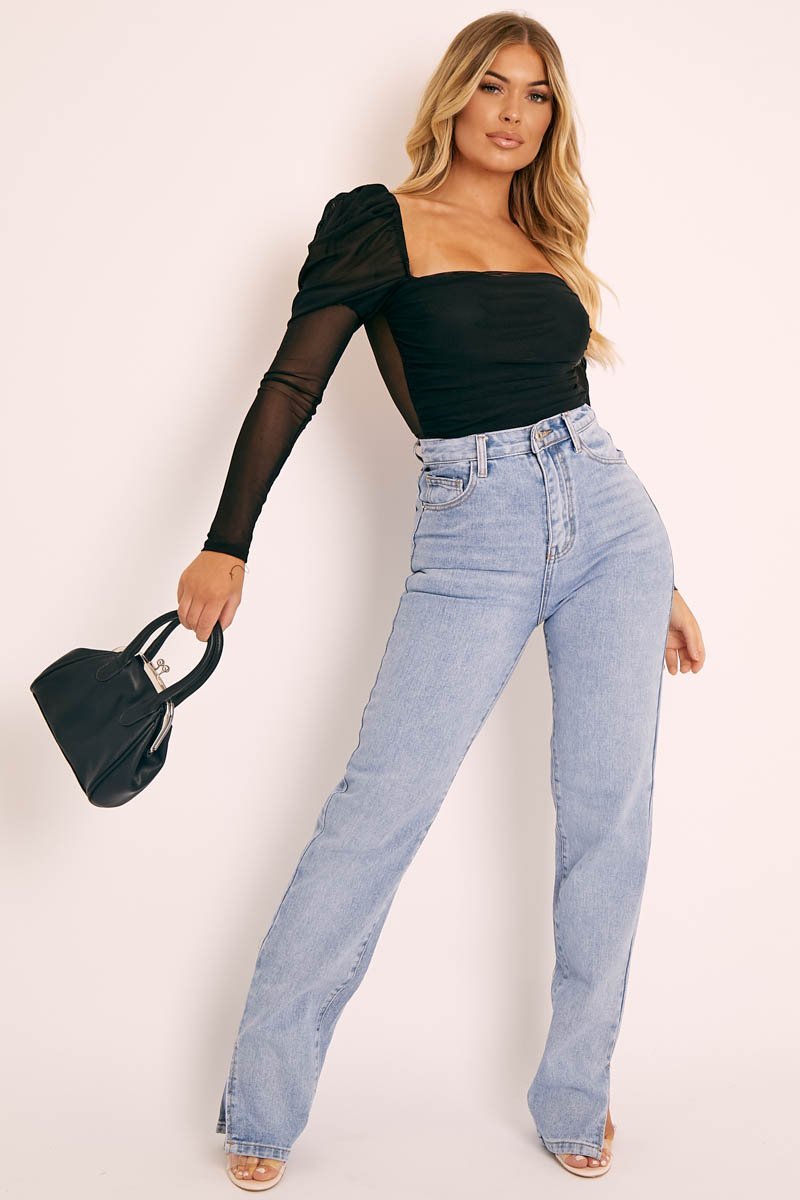 Black Ruched Body Mesh Sleeve Bodysuit - Raeya-Bodysuits