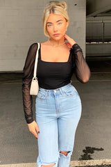 Black Ruched Body Mesh Sleeve Bodysuit - Raeya-Bodysuits