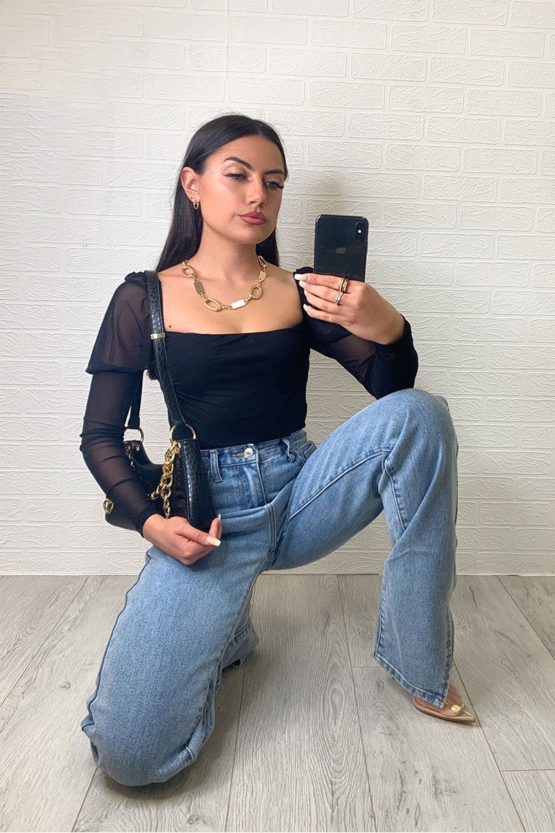 Black Ruched Body Mesh Sleeve Bodysuit - Raeya-Bodysuits