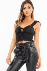 Black Ruched Button Tie Up Padded Bra Crop Top - Aden-Crop Tops