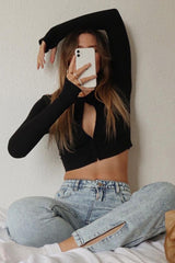 Black Ruched Centre Front Fastening Crop Top - Cambrea-Crop Tops