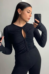 Black Ruched Centre Front Fastening Crop Top - Cambrea-Crop Tops