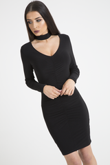 Black Ruched Choker Bodycon Dress - Primrose-Dresses