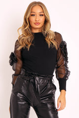 Black Ruched Detailed Puff Sleeves Ribbed Top - Taliya-Tops