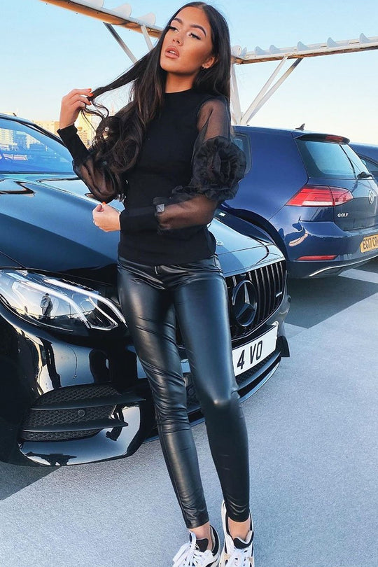 Black Ruched Detailed Puff Sleeves Ribbed Top - Taliya