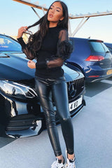 Black Ruched Detailed Puff Sleeves Ribbed Top - Taliya-Tops