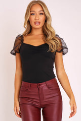Black Ruched Front Organza Sleeve Top - Jamina-Tops