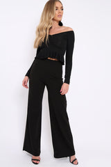 Black Ruched Front Ribbed Crop Top with Frill Hem - Samantha-Crop Tops