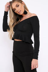Black Ruched Front Ribbed Crop Top with Frill Hem - Samantha-Crop Tops