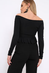 Black Ruched Front Ribbed Crop Top with Frill Hem - Samantha-Crop Tops