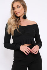 Black Ruched Front Ribbed Crop Top with Frill Hem - Samantha-Crop Tops