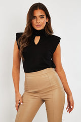Black Ruched High Neck Shoulder Pad Top - Cassy-Tops