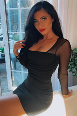 Black Ruched Mesh Bodycon Mini Dress - Elysa-Dresses