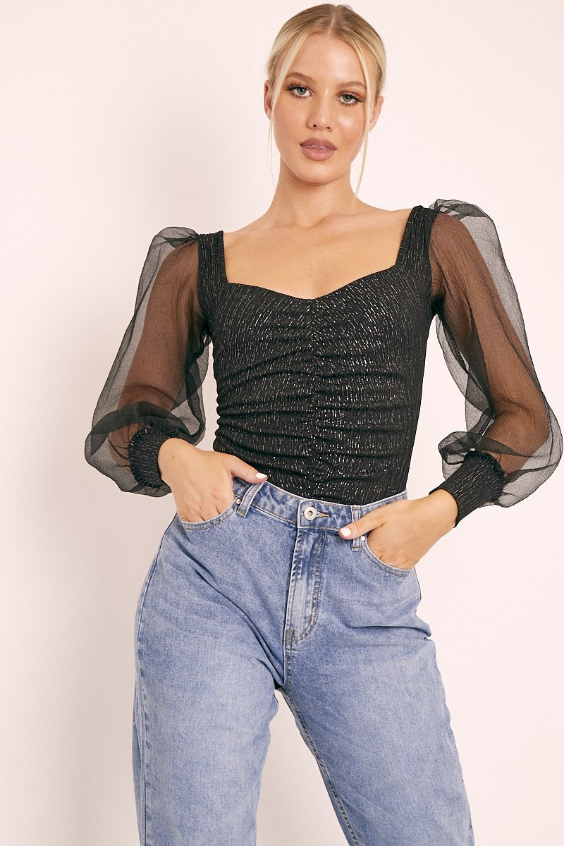 Black Ruched Metallic Puff Sleeve Bodysuit - Elvie-Bodysuits