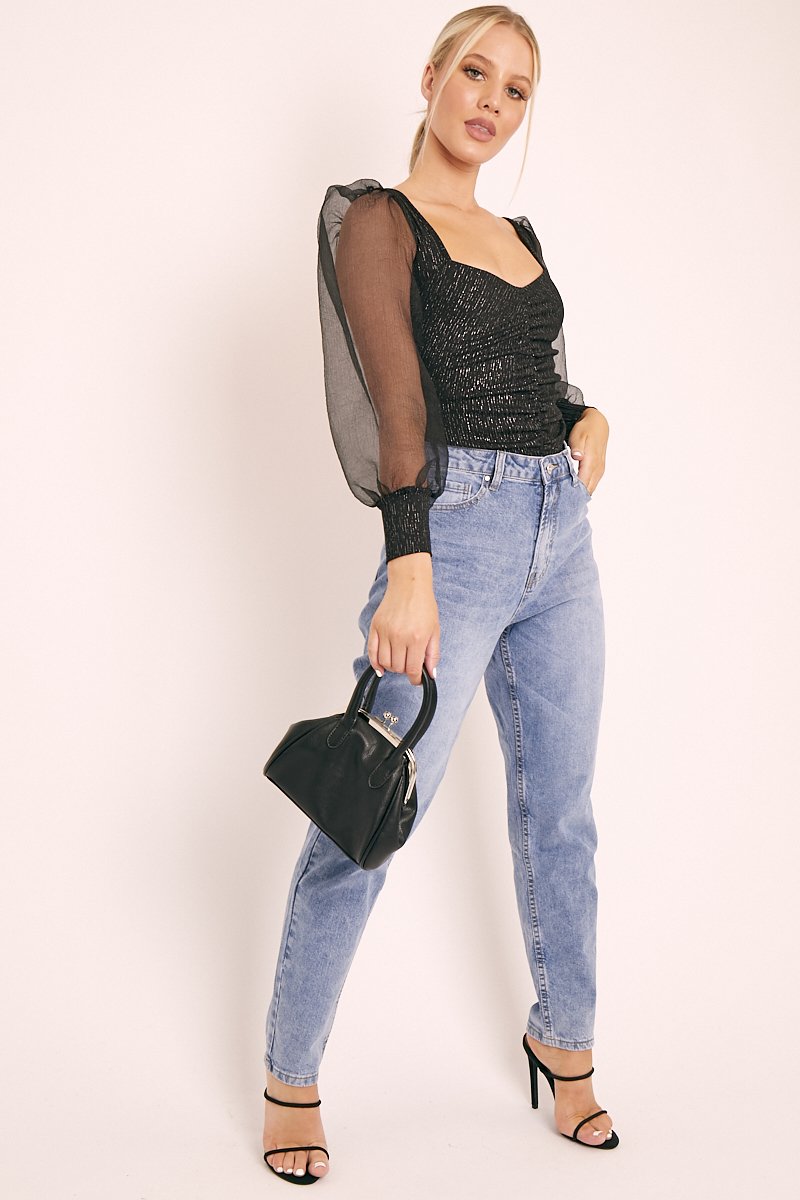 Black Ruched Metallic Puff Sleeve Bodysuit - Elvie-Bodysuits