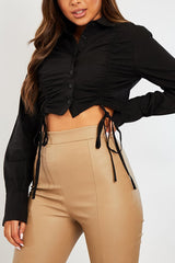 Black Ruched Middle Cropped Shirt - Brogann-Shirts