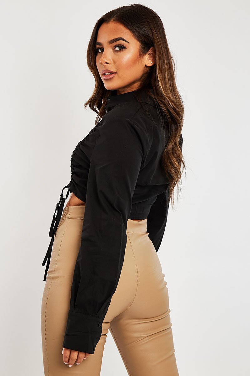 Black Ruched Middle Cropped Shirt - Brogann-Shirts
