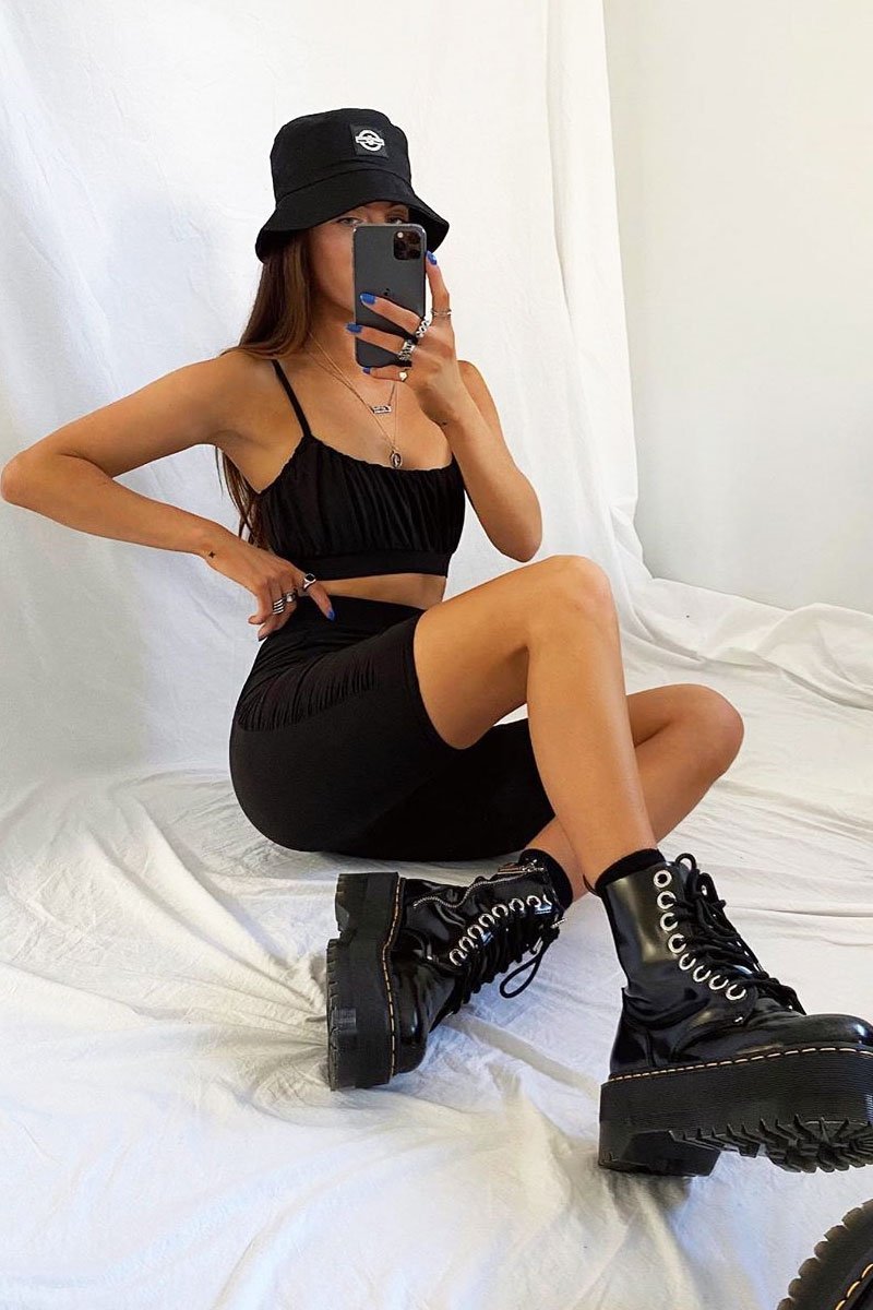 Black Ruched Panel Crop Top + Cycling Shorts Co-ord - Zariah-Co-ords