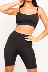 Black Ruched Panel Crop Top + Cycling Shorts Co-ord - Zariah-Co-ords