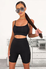 Black Ruched Panel Crop Top + Cycling Shorts Co-ord - Zariah-Co-ords