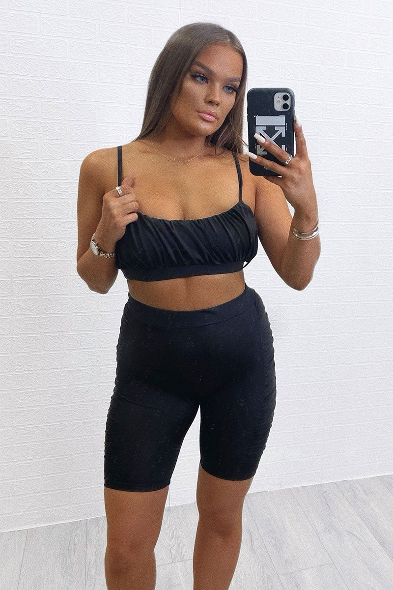 Black Ruched Panel Crop Top + Cycling Shorts Co-ord - Zariah-Co-ords