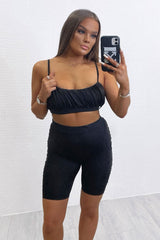 Black Ruched Panel Crop Top + Cycling Shorts Co-ord - Zariah-Co-ords