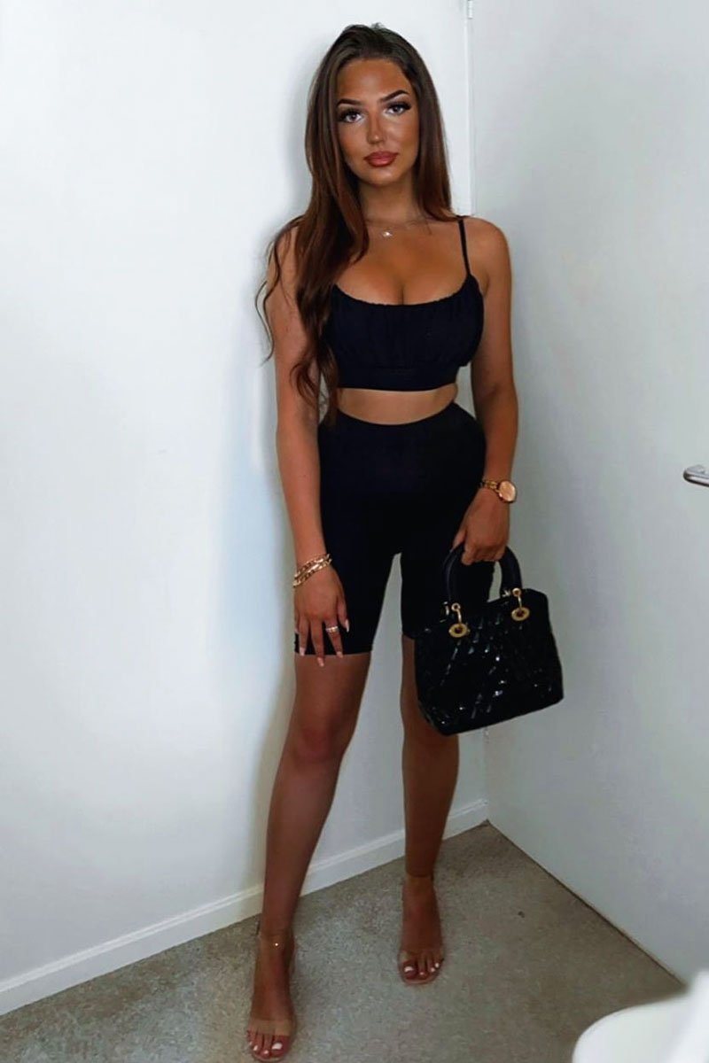 Black Ruched Panel Crop Top + Cycling Shorts Co-ord - Zariah-Co-ords