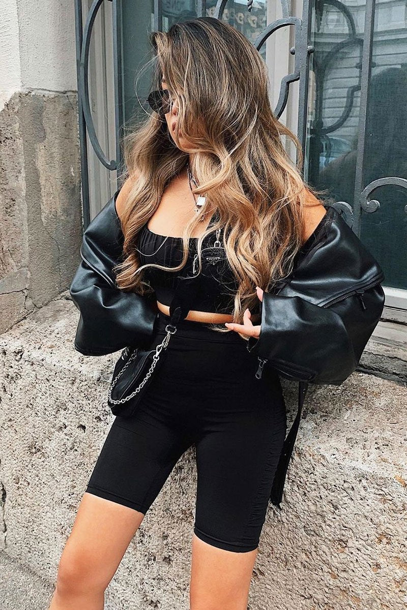 Black Ruched Panel Crop Top + Cycling Shorts Co-ord - Zariah-Co-ords