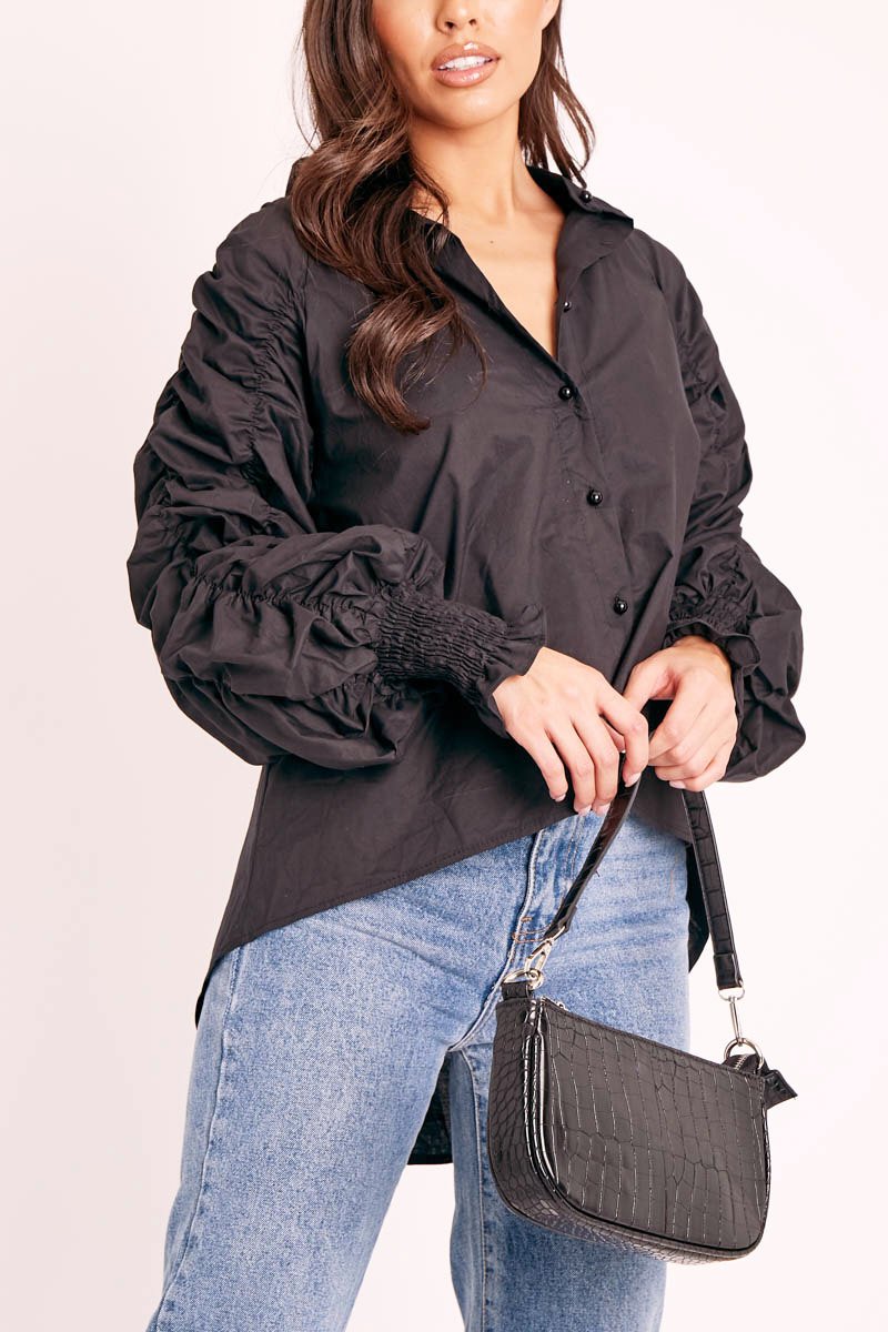Black Ruched Sleeve Collarless Shirt - Sarah-Shirts
