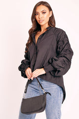 Black Ruched Sleeve Collarless Shirt - Sarah-Shirts
