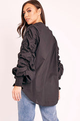 Black Ruched Sleeve Collarless Shirt - Sarah-Shirts