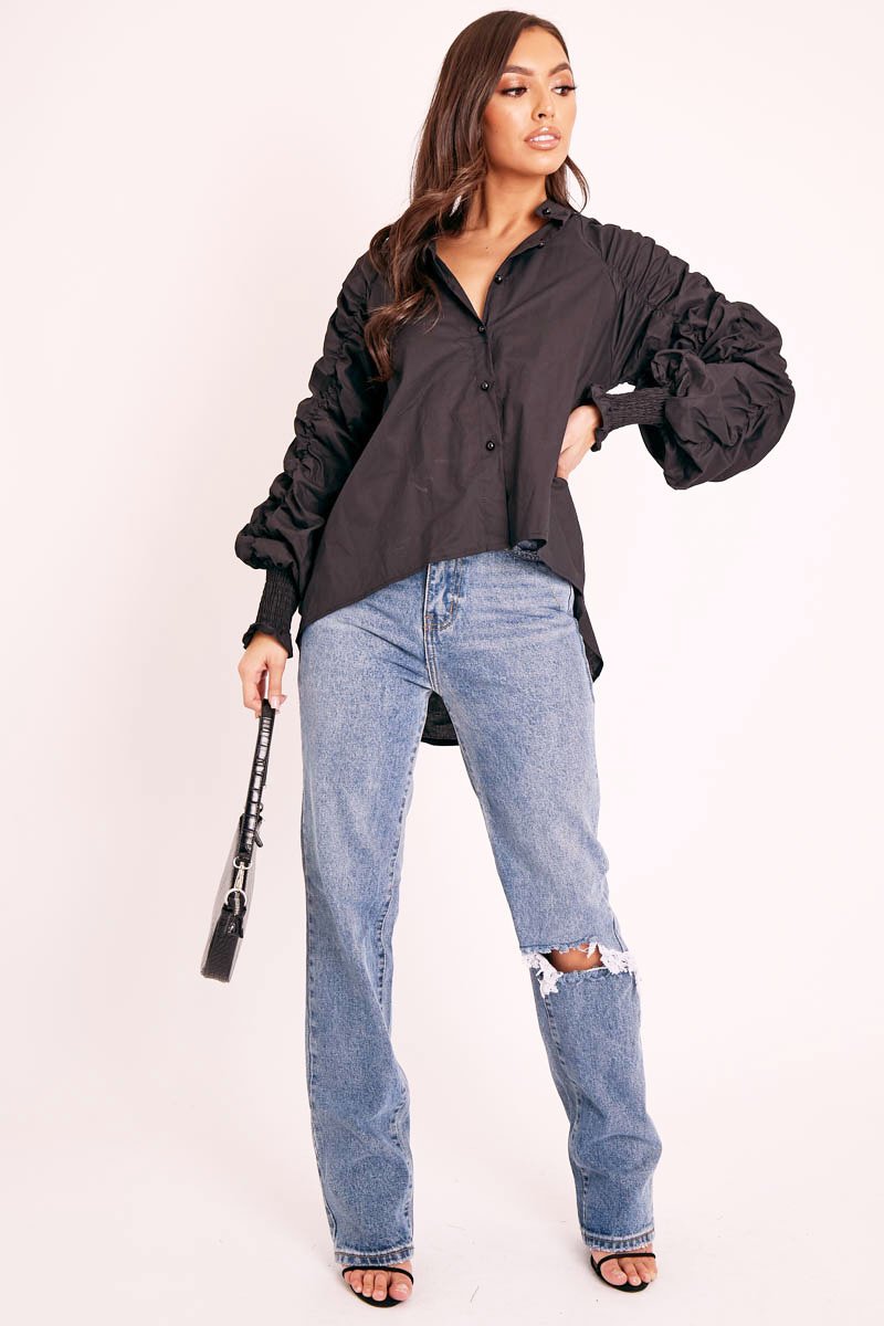 Black Ruched Sleeve Collarless Shirt - Sarah-Shirts