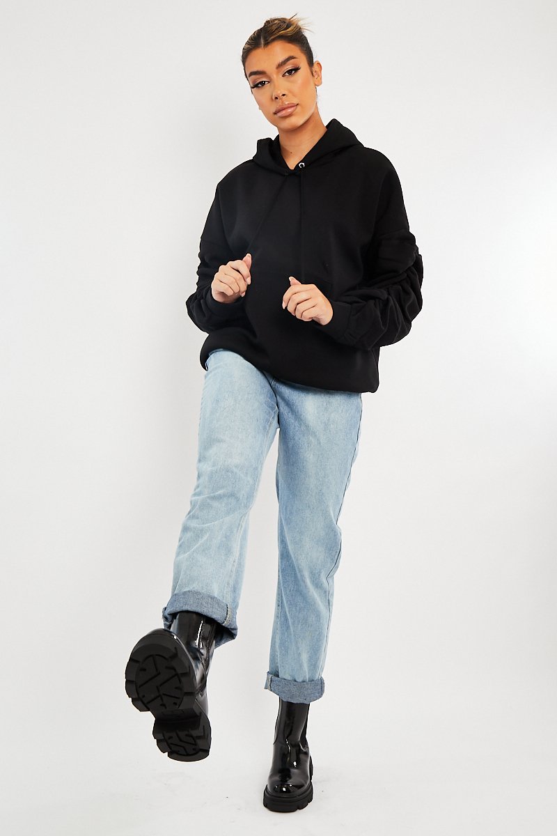 Black Ruched Sleeve Oversized Hoodie - Dezi-Hoodies