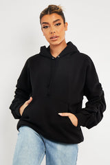 Black Ruched Sleeve Oversized Hoodie - Dezi-Hoodies