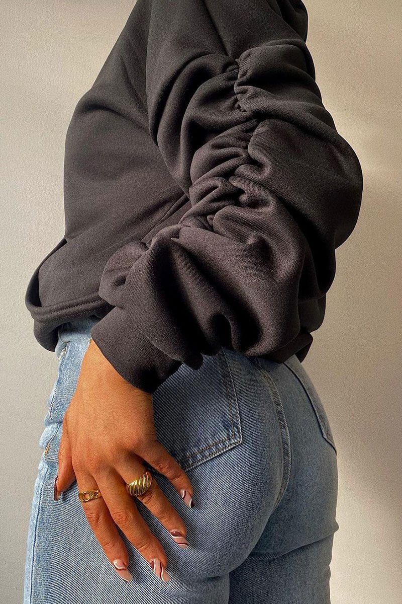 Black Ruched Sleeve Oversized Hoodie - Dezi-Hoodies