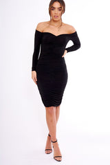 Black Ruched Slinky Bardot Midi Dress - Myla-Dresses