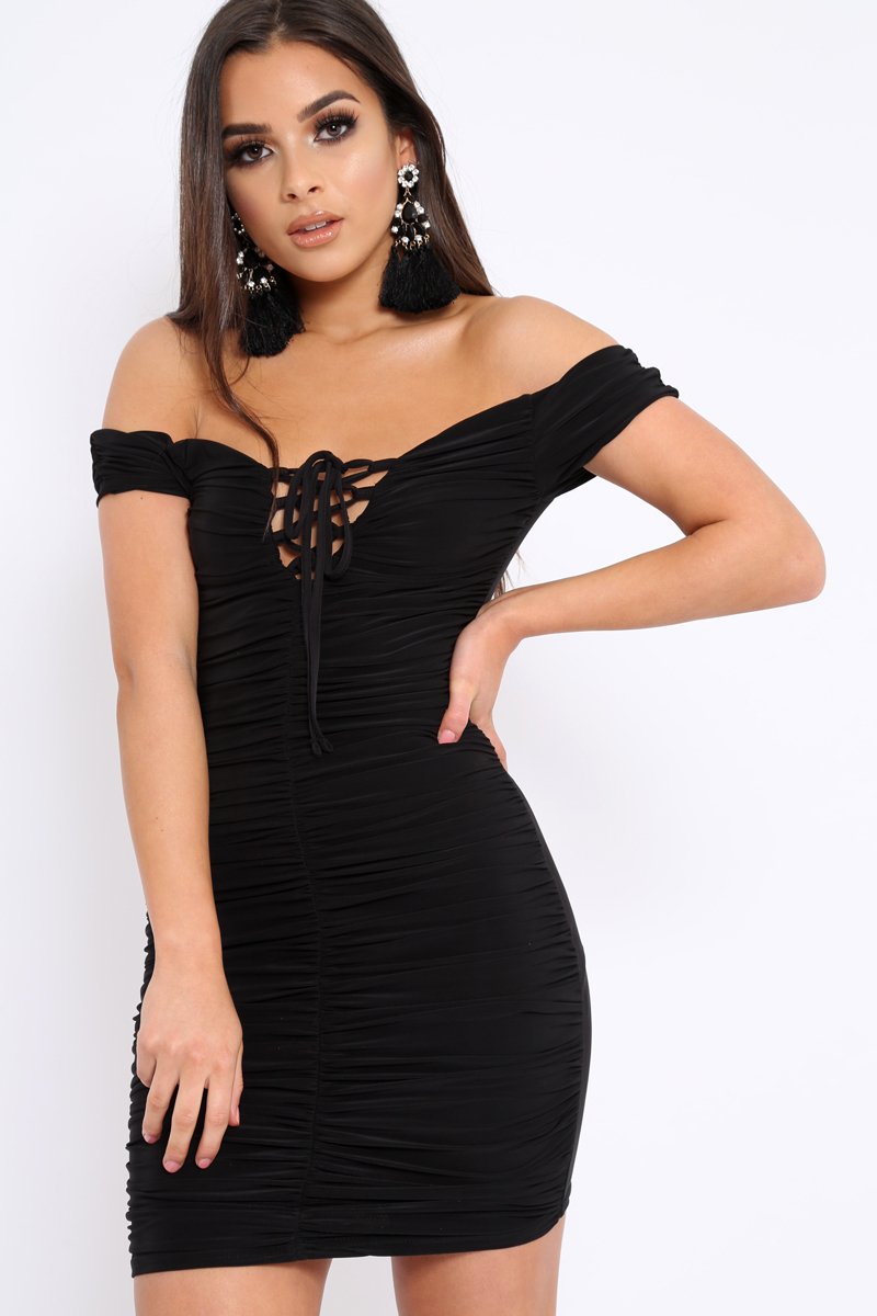 Black Ruched Slinky Lace Up Dress - Rosina-Dresses
