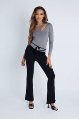 Black Ruched Waist Flare Trousers - Avanni-Trousers