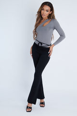 Black Ruched Waist Flare Trousers - Avanni-Trousers