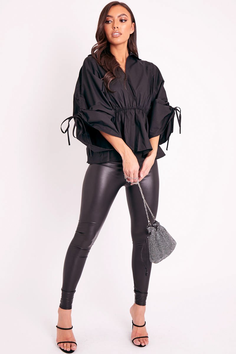 Black Ruched Waist Plunge Neckline Kimono Sleeve Shirt - Eilene-Shirts